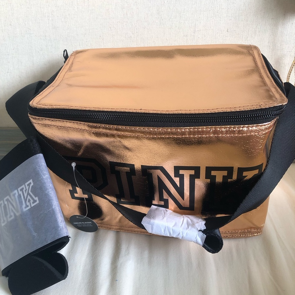 NWT Victoria's Secret PINK Rose Gold Metallic Cooler Bag & Can Coozie Set